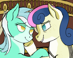 Size: 500x399 | Tagged: source needed, useless source url, safe, artist:valientminiatureobject, imported from derpibooru, bon bon, lyra heartstrings, sweetie drops, female, lesbian, looking at each other, lyrabon, no pupils, scene interpretation, shipping