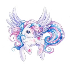 Size: 1080x1080 | Tagged: safe, artist:chargoz, artist:chargozland, imported from derpibooru, star catcher, pegasus, pony, eyelashes, female, flying, g3, mare, simple background, solo, spread wings, tattoo, white background, wings