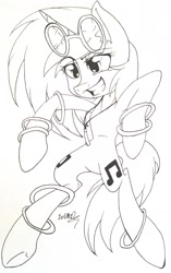 Size: 2062x3274 | Tagged: safe, artist:juliet-gwolf18, imported from derpibooru, dj pon-3, vinyl scratch, pony, unicorn, bipedal, both cutie marks, featureless crotch, female, glowstick, grin, horn, jewelry, lineart, mare, monochrome, necklace, signature, simple background, smiling, solo, sunglasses, traditional art, underhoof, white background
