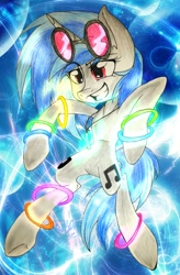 Size: 1340x2048 | Tagged: safe, alternate version, artist:juliet-gwolf18, imported from derpibooru, dj pon-3, vinyl scratch, pony, unicorn, abstract background, bipedal, both cutie marks, colored, featureless crotch, female, glowstick, grin, horn, jewelry, mare, necklace, signature, smiling, solo, sunglasses, traditional art, underhoof