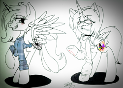 Size: 2048x1472 | Tagged: safe, artist:juliet-gwolf18, imported from derpibooru, oc, oc only, oc:juliet, oc:sketchy, alicorn, pony, :p, alicorn oc, blushing, choker, clothes, duo, eyelashes, female, grin, hoodie, horn, mare, partial color, raised hoof, signature, smiling, tattoo, tongue out, traditional art, underhoof, wings, yin-yang