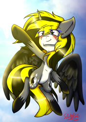 Size: 1039x1476 | Tagged: safe, artist:juliet-gwolf18, imported from derpibooru, oc, oc only, oc:juliet, alicorn, pony, alicorn oc, blushing, eye clipping through hair, eyelashes, female, flying, hoof shoes, horn, looking at something, looking up, mare, pointing, signature, smiling, solo, wings