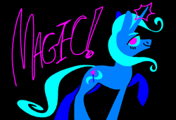 Size: 1280x875 | Tagged: safe, artist:msponies, imported from derpibooru, trixie, pony, unicorn, black background, eyes open, female, glowing horn, horn, mare, simple background, solo, text