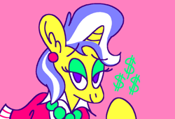 Size: 500x342 | Tagged: safe, artist:msponies, imported from derpibooru, upper crust, pony, unicorn, dollar sign, eyes open, female, mare, pink background, simple background, solo