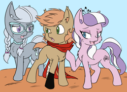 Size: 1820x1316 | Tagged: safe, artist:larrykitty, artist:php156, edit, imported from derpibooru, diamond tiara, silver spoon, oc, oc:himmel, pony, blushing, canon x oc, clothes, confused, flirting, glasses, looking at each other, scarf