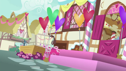 Size: 1280x720 | Tagged: safe, imported from derpibooru, screencap, season 8, the break up breakdown, spoiler:s08, background, balloon, decoration, heart balloon, no pony, ponyville, scenic ponyville, sugarcube corner