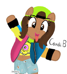 Size: 400x445 | Tagged: safe, artist:smokeyserenity, imported from derpibooru, earth pony, pony, cap, cardi b, clothes, ed edd n eddy, female, hat, jacket, mare, monster, pants, ponified, ponified celebrity, shirt, short pants, shorts, signature, simple background, tongue out, white background