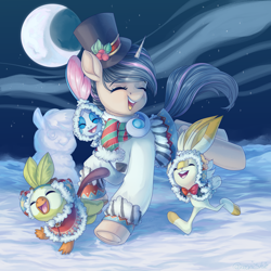 Size: 3000x3000 | Tagged: safe, artist:neonishe, imported from derpibooru, oc, grookey, pony, scorbunny, sobble, unicorn, clothes, commission, crescent moon, eyes closed, hat, moon, night, pokemon sword and shield, pokémon, scarf, snow, snowpony, winter, winter outfit