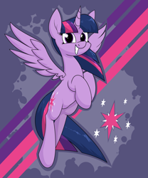 Size: 2053x2465 | Tagged: safe, artist:moonatik, imported from derpibooru, twilight sparkle, alicorn, pony, abstract background, female, grin, looking at you, mare, smiling, solo, spread wings, twilight sparkle (alicorn), wings