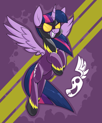 Size: 2053x2465 | Tagged: safe, alternate version, artist:moonatik, imported from derpibooru, twilight sparkle, alicorn, pony, abstract background, clothes, costume, female, goggles, grin, latex, latex suit, looking at you, mare, shadowbolts, shadowbolts costume, shadowbolts logo, smiling, solo, spread wings, twilight sparkle (alicorn), wings