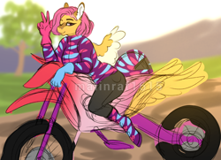 Size: 1200x867 | Tagged: safe, artist:malinraf1615, imported from derpibooru, scootaloo, anthro, motorcycle, older, older scootaloo, peace sign, solo, watermark