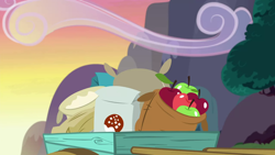 Size: 1280x720 | Tagged: safe, imported from derpibooru, screencap, snips, the break up breakdown, apple, background, flour, food, no pony, ponyville, rule 63, scenic ponyville, sugar, sugar (food), sunset