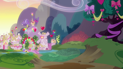 Size: 1280x720 | Tagged: safe, imported from derpibooru, screencap, season 8, the break up breakdown, background, decoration, no pony, ponyville, scenic ponyville, sunset