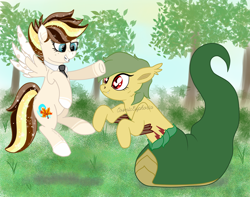 Size: 2304x1820 | Tagged: safe, artist:ross, artist:shappy the lamia, imported from derpibooru, oc, oc:brise d'automne, oc:shappy, earth pony, hybrid, lamia, original species, pegasus, pony, reptile, semi-anthro, snake, snake pony, friendship is magic, caress, collaboration, fangs, freckles, friendship, leaf, long tail, morning, necktie, plant, scales, slit eyes, slit pupils, snake eyes, snake tail, stain, tree