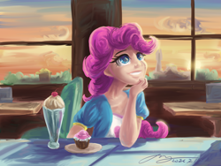 Size: 3000x2250 | Tagged: safe, artist:musical ray, imported from derpibooru, pinkie pie, human, equestria girls, cherry, cupcake, female, food, humanized, milkshake, solo, window