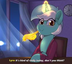 Size: 5500x4875 | Tagged: safe, artist:felixf, imported from derpibooru, lyra heartstrings, pony, unicorn, blushing, clothes, dialogue, eye clipping through hair, female, filly, flirting, hand, looking at you, magic, magic aura, magic hands, mare, night, sitting, smiling, smiling at you, solo, talking to viewer
