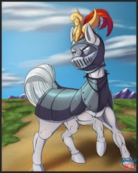 Size: 1200x1500 | Tagged: safe, artist:swiftriff, imported from derpibooru, oc, oc only, oc:iron shield, earth pony, pony, armor, background, commission, female, guardsmare, mare, muscles, plume, royal guard, solo