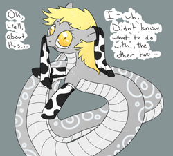 Size: 740x670 | Tagged: safe, artist:anonymous, artist:archego-art, imported from derpibooru, imported from ponybooru, derpy hooves, lamia, original species, snake, unicorn, clothes, cow socks, cowprint, cute, cyan background, dialogue, distressed, drawthread, lamiafied, looking at you, snerpy, sock on ear, sock on nose, socks, solo, species swap