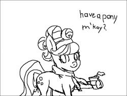 Size: 800x600 | Tagged: safe, artist:anonymous, suri polomare, earth pony, pony, clothes, coffee, dialogue, female, hoof hold, looking at you, mare, monochrome, scarf, simple background, sketch, smiling, solo, steam