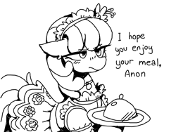 Size: 800x600 | Tagged: safe, artist:anonymous, cheerilee, earth pony, pony, clothes, collar, dialogue, dress, female, flower, flower in hair, frown, implied anon, maid, mare, monochrome, platter, serving tray, simple background, sketch, solo