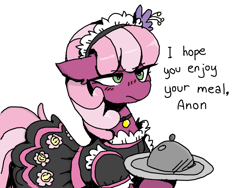 Size: 800x600 | Tagged: artist needed, safe, imported from ponybooru, cheerilee, earth pony, pony, clothes, collar, colored, dialogue, dress, female, flower, flower in hair, frown, implied anon, maid, maid headdress, mare, monochrome, platter, serving tray, simple background, sketch, solo, unamused, white background