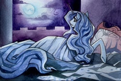 Size: 900x600 | Tagged: artist needed, safe, princess luna, alicorn, pony, bed, blanket, castle, cloud, female, horn, looking out the window, mare, moon, night, pillow, raised hoof, solo