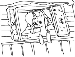 Size: 800x600 | Tagged: safe, artist:anonymous, trixie, pony, unicorn, female, horn, looking at you, looking out the window, mare, monochrome, sketch, smiling, solo, trixie's wagon, wagon, window