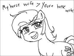 Size: 800x600 | Tagged: safe, artist:anonymous, roseluck, earth pony, pony, >implying, dialogue, female, grammar error, looking at you, mare, monochrome, simple background, sketch, smiling, solo, teeth