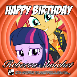 Size: 2000x2000 | Tagged: safe, imported from derpibooru, sunset shimmer, twilight sparkle, equestria girls, equestria girls series, happy birthday, rebecca shoichet
