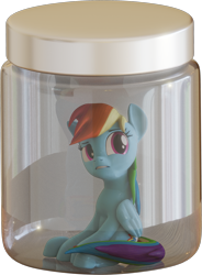 Size: 1771x2408 | Tagged: safe, artist:creatorofpony, artist:xppp1n, imported from ponybooru, rainbow dash, pegasus, pony, 3d, blender, blender cycles, blue coat, cum jar, female, jar, lewd container meme, mare, multicolored mane, multicolored tail, sitting, solo, wings