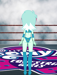 Size: 1340x1765 | Tagged: safe, artist:invisibleink, imported from derpibooru, lyra heartstrings, equestria girls, ass, butt, clothes, cutie mark, elbow pads, female, knee pads, looking back, lyra hindstrings, solo, sports, sports bra, sports panties, wrestler, wrestling, wrestling ring