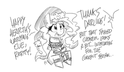 Size: 1200x701 | Tagged: safe, artist:flutterthrash, oc, pony, black and white, choker, christmas, dialogue, female, grayscale, hat, hearth's warming eve, holiday, hoof hold, implied rarity, mare, monochrome, present, santa hat, solo, spiked choker