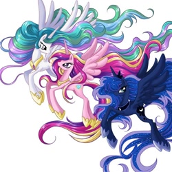 Size: 834x834 | Tagged: safe, artist:chargozland, imported from derpibooru, princess cadance, princess celestia, princess luna, alicorn, pony, alicorn triarchy, ethereal mane, eyelashes, female, flying, hoof shoes, horn, jewelry, looking back, mare, peytral, simple background, starry mane, tiara, white background, wings