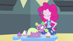 Size: 1366x768 | Tagged: safe, imported from ponybooru, screencap, pinkie pie, spike, spike the regular dog, dog, human, equestria girls, blooper, cupcake, duo, eyes closed, female, food, hands on hip, humanized, male, spoilers for another series