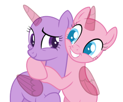 Size: 1615x1343 | Tagged: safe, artist:strawberry-spritz, imported from derpibooru, oc, oc only, alicorn, pony, alicorn oc, bald, base, duo, eyelashes, female, grin, horn, hug, looking back, mare, simple background, smiling, transparent background, wings