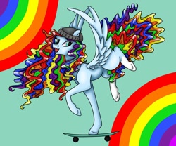 Size: 1080x898 | Tagged: safe, artist:pony_riart, imported from derpibooru, oc, oc only, pegasus, pony, balancing, beanie, hat, multicolored hair, open mouth, pegasus oc, rainbow, rainbow hair, raised hoof, skateboard, smiling, solo, wings