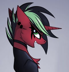 Size: 991x1024 | Tagged: safe, artist:fenixdust, imported from derpibooru, oc, oc only, oc:ditches, unicorn, bedroom eyes, bust, collar, ear piercing, earring, female, green eyes, horn, jewelry, lidded eyes, looking at you, mare, milf, piercing, sexy, story in the source, unicorn oc