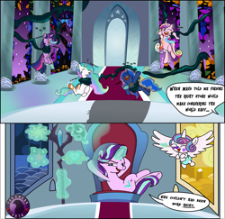 Size: 1563x1520 | Tagged: safe, artist:darktailsko, imported from derpibooru, princess cadance, princess celestia, princess flurry heart, princess luna, starlight glimmer, twilight sparkle, alicorn, pony, unicorn, rock solid friendship, canterlot castle, commission, digital art, eyes closed, fanart, laughing, levitation, magic, one eye closed, open mouth, paintbrush, princess starlight glimmer, staff, staff of sacanas, stained glass window, telekinesis, tentacles, throne, throne room, tickling, twilight sparkle (alicorn), usurpation, vine