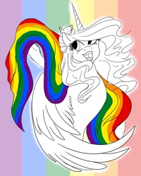 Size: 1080x1351 | Tagged: safe, artist:pony_riart, imported from derpibooru, princess celestia, alicorn, pony, abstract background, bust, eyelashes, female, gay pride flag, horn, mare, mouthpiece, open mouth, pride, pride flag, smiling, solo, wings