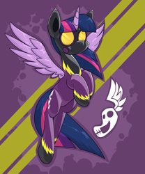 Size: 2053x2465 | Tagged: safe, alternate version, artist:moonatik, imported from derpibooru, twilight sparkle, alicorn, pony, abstract background, clothes, costume, female, goggles, grin, latex, latex suit, looking at you, mare, rubber drone, shadowbolt drone, shadowbolts, shadowbolts costume, shadowbolts logo, smiling, solo, spread wings, twilight sparkle (alicorn), wings