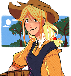 Size: 2688x2894 | Tagged: safe, artist:syrupyyy, artist:watchoutoprah, imported from derpibooru, applejack, human, apple, apple tree, applejack's hat, clothes, cowboy hat, female, food, hat, humanized, overalls, solo, straw in mouth, sweet apple acres, tree, unmoving plaid