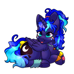 Size: 1280x1280 | Tagged: safe, artist:vexcity, imported from derpibooru, princess luna, alicorn, pony, between dark and dawn, 80s princess luna, cute, female, lunabetes, lying down, mare, prone, simple background, smiling, solo, tongue out, transparent background