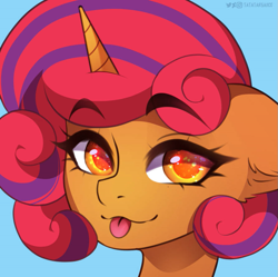 Size: 893x889 | Tagged: safe, artist:shavurrr, artist:tatatarsauce, imported from derpibooru, oc, oc only, oc:burnside fervor, pony, unicorn, looking at you, raspberry, smiling, tongue out