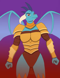Size: 720x936 | Tagged: safe, artist:afhybrid, imported from derpibooru, princess ember, anthro, dragon, amazon, armor, breasts, busty princess ember, dragon armor, dragoness, female, fire, lizard breasts, solo, spread wings, wings