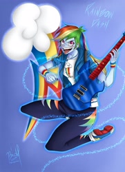 Size: 2893x3996 | Tagged: safe, artist:bidzinha, imported from derpibooru, rainbow dash, equestria girls, clothes, converse, cutie mark, cutie mark background, electric guitar, female, geode of super speed, guitar, guitar pick, hoodie, magical geodes, musical instrument, open mouth, shoes, sneakers, solo, tongue out