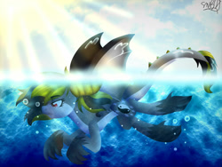 Size: 2000x1500 | Tagged: safe, artist:juliet-gwolf18, imported from derpibooru, oc, oc only, oc:juliet, dracony, dragon, hybrid, pony, cloud, female, outdoors, signature, solo, sun, swimming