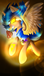 Size: 1000x1720 | Tagged: safe, artist:juliet-gwolf18, imported from derpibooru, oc, oc only, oc:sketchy, alicorn, pony, alicorn oc, clothes, eyelashes, female, flying, glowing eyes, glowing hooves, gritted teeth, horn, mare, solo, tattoo, triforce, wings