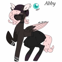 Size: 768x768 | Tagged: safe, artist:kxyluna, imported from derpibooru, oc, oc only, pegasus, pony, beanie, choker, clothes, eyes closed, hat, pegasus oc, raised hoof, signature, simple background, skirt, solo, two toned wings, white background, wings