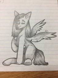 Size: 768x1024 | Tagged: safe, artist:kxyluna, imported from derpibooru, oc, oc only, pegasus, pony, eyes closed, grayscale, lined paper, monochrome, pegasus oc, raised hoof, sitting, solo, traditional art, wings