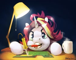 Size: 1555x1234 | Tagged: safe, artist:anticular, imported from derpibooru, oc, oc only, oc:moonlight glisten, pony, unicorn, circuit board, coffee mug, female, lamp, mare, mouth hold, mug, soldering iron, solo